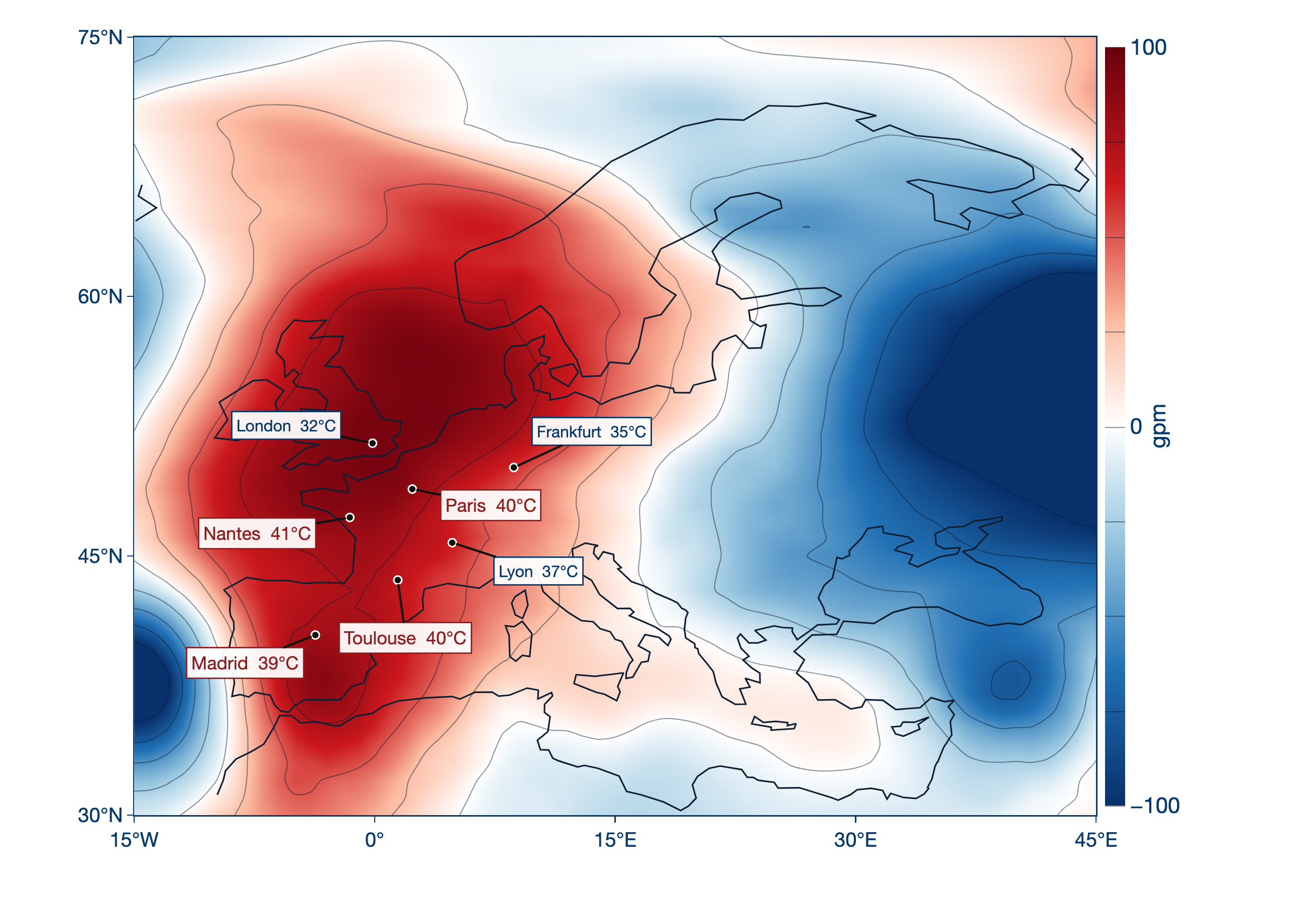 ERA5T Z500 star anomaly on 24 June 2026, with that day's maximum 2m temperature at labelled cities
